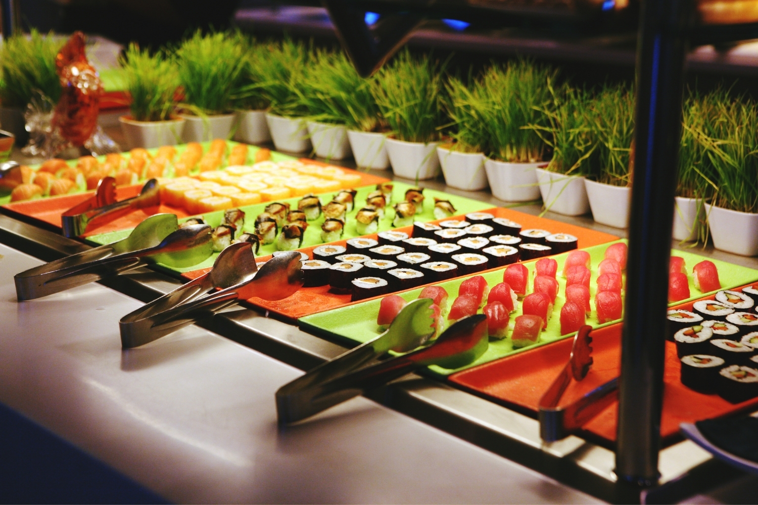 Colorful assorted sushi and sashimi laid on serving trays at CHINA BUFFET, a Buffet Restaurant in Jacksonville